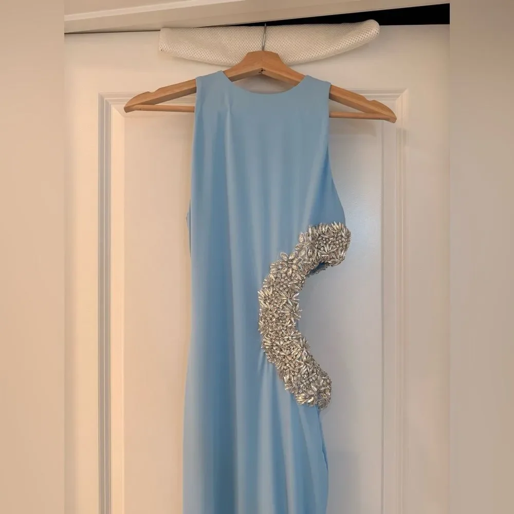 NWOT BRONX AND BANCO Camila Rhinestone Cutout Maxi Dress in powder blue - Picture 4 of 14